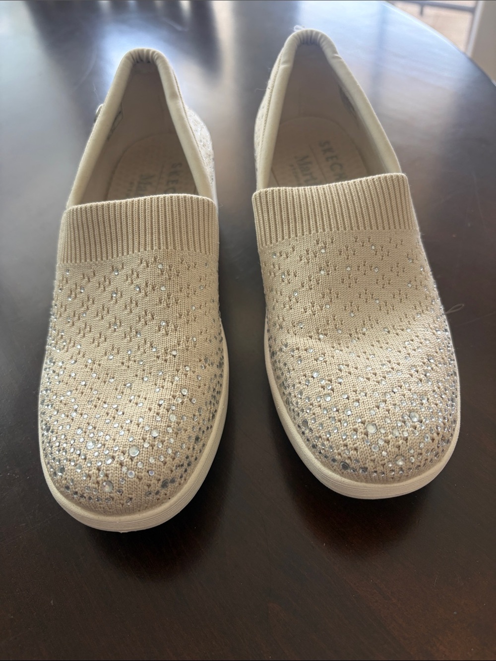 Skechers Pier-Lite Women’s Cream Slip-On Knit Sneakers with Sparkle